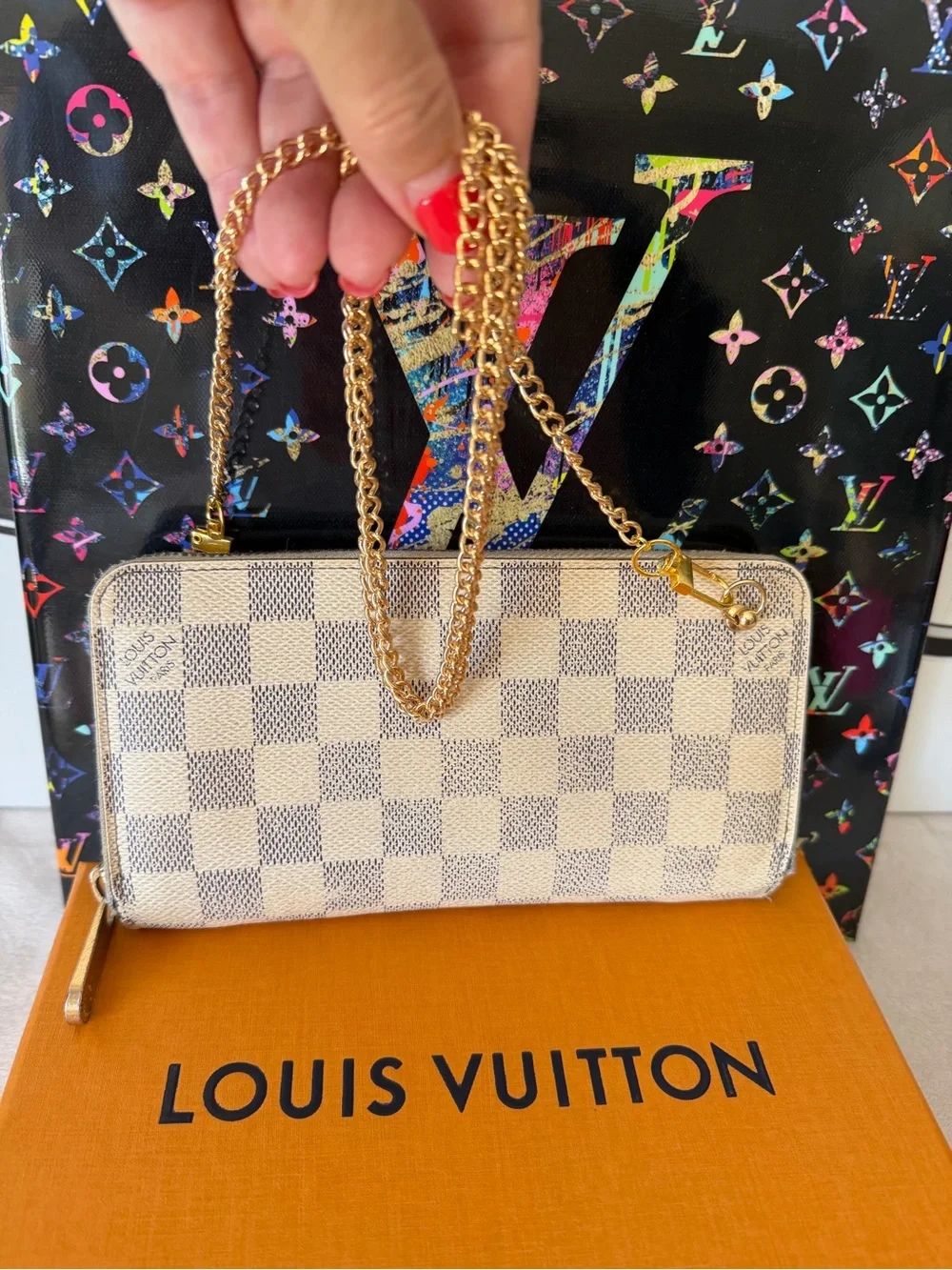 Louis Vuitton Authentic Damier Azur Zippy Long Wallet Purse with Chain